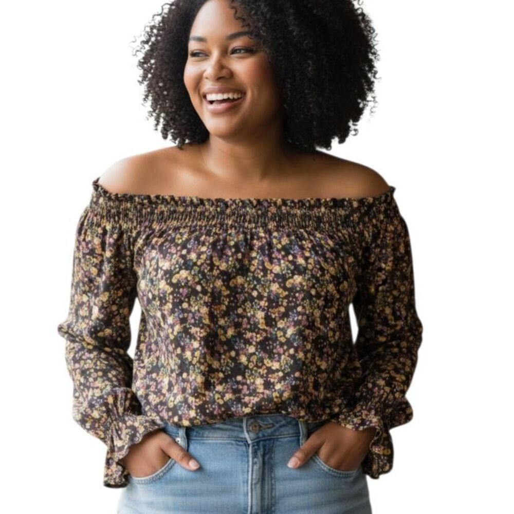 WESTPORT BLACK, PURPLE, & CREAM OFF-THE-SHOULDER FLORAL BLOUSE SZ.XL EUC.